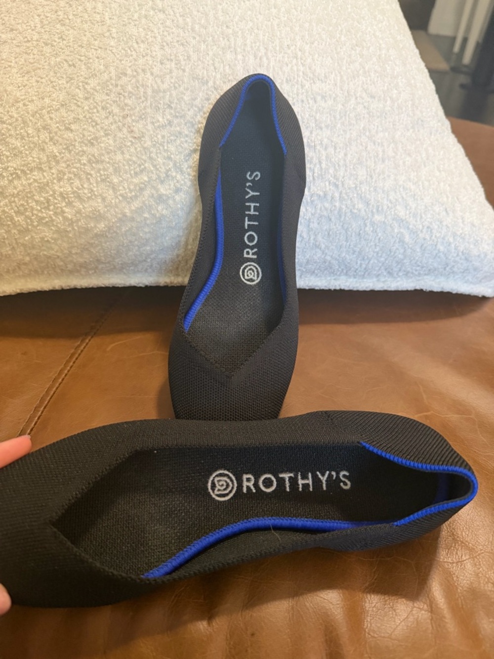 Rothy's Black Knit Slip-On Flats with Blue Trim
